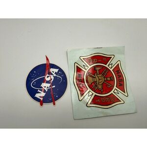 Vintage NASA Meatball Sticker and NASA MSC Fire Dept Maltese Cross Decal Set